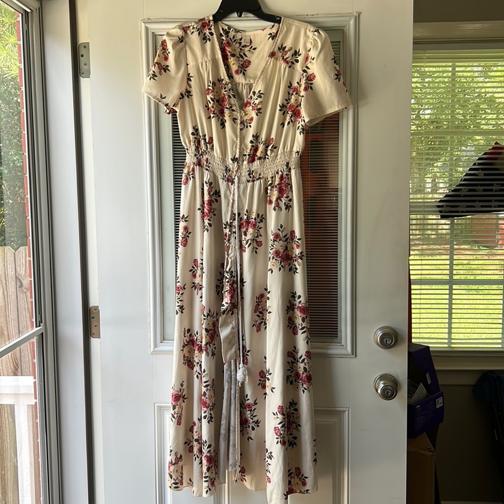 Cap sleeve floral maxi dress with button detailing down the front, ruched waste